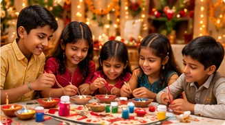 Children painting and decorating diyas together