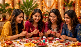 Friends enjoying a DIY diya painting activity