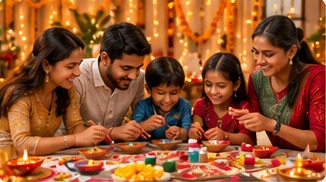 Family decorating diyas for Diwali
