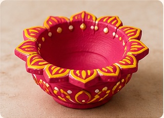 Painted terracotta diya with a second colour added as highlights and designs
