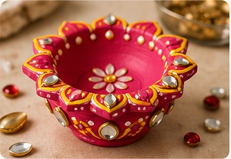 Finished terracotta diya decorated with colourful designs, kundans and mirrors